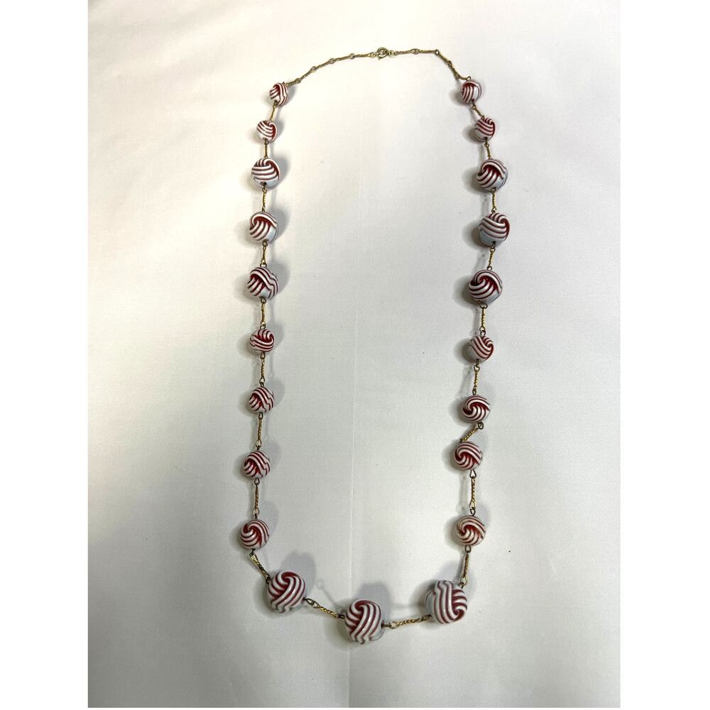 VTG Red and White Bulb Bead Necklace with Gold Tone Accent - Picture 2 of 4